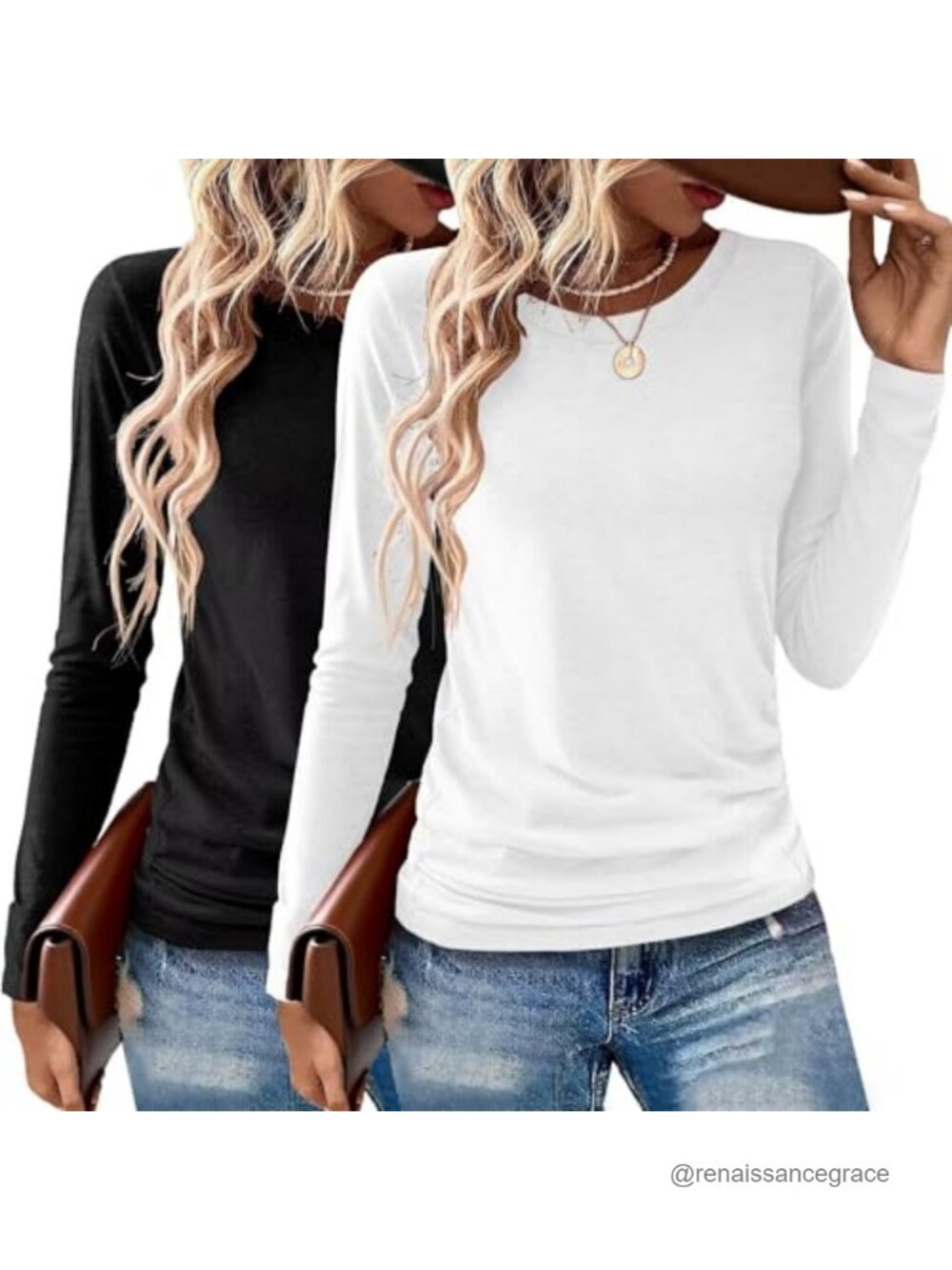 2 Pack Women Long Sleeve Crewneck T-Shirts Soft Stretch Casual Tees